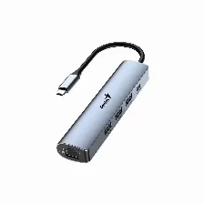 Hub Usb Genius Uh-545, 5 En 1, 3 Puertos Usb 3.0, 1 Usb-c, 1 Rj45, Conexion Usb-c, Cable 15cm, Color Gris