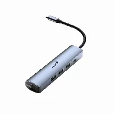 Hub Usb Genius Uh-545, 5 En 1, 3 Puertos Usb 3.0, 1 Usb-c, 1 Rj45, Conexion Usb-c, Cable 15cm, Color Gris