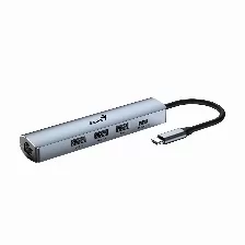 Hub Usb Genius Uh-545, 5 En 1, 3 Puertos Usb 3.0, 1 Usb-c, 1 Rj45, Conexion Usb-c, Cable 15cm, Color Gris