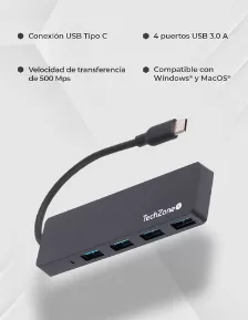 Hub Techzone Connect Hub 3.0 Interfaz Usb 3.2 Gen 1 (3.1 Gen 1) Type-c, Acrilonitrilo Butadieno Estireno (abs), Cantidad De Puertos 4, Velocidad 500 Mbit/s, Color Negro